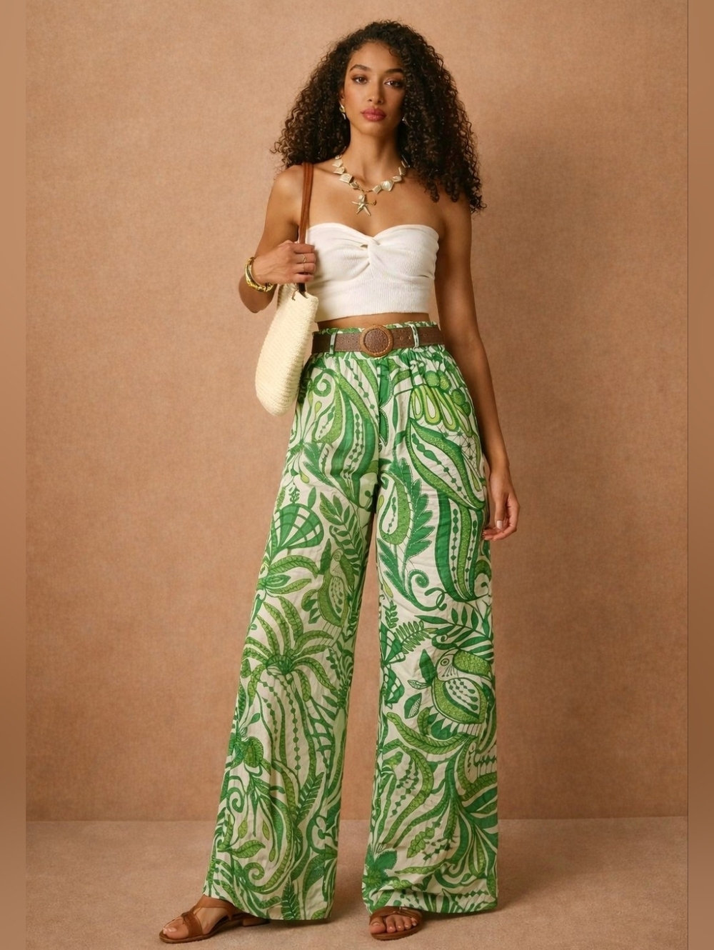 VINTAGE LINEN High-Rise Wide-Leg Printed PANTS